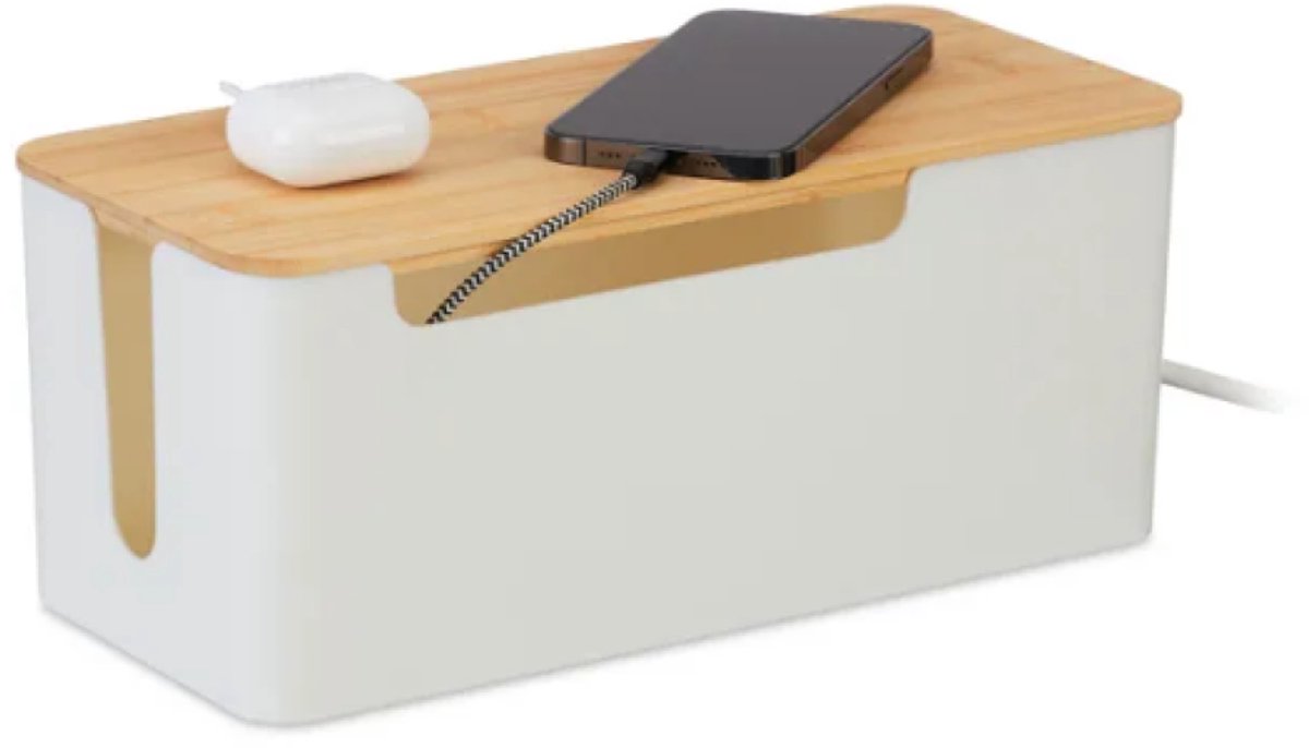 TuseRxln Kabel Opbergbox - 2 Uitlaten - Met Bambusdeksel En Elegante Vormgeving - 1 Stuks - Voor Tv/ Bureau