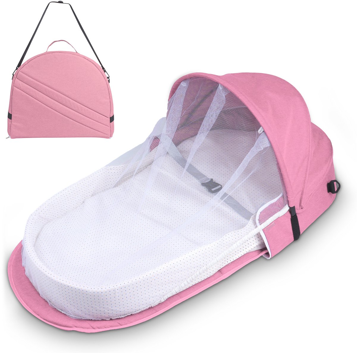 Soontrans Opvouwbaar Babynestje, Zacht Ademend Babybedje, Babynestje Met Muskietennet, Babyslaapzak 84 x 34 x 10 cm, Geschikt Voor Reizen en Uitstapjes - Roze