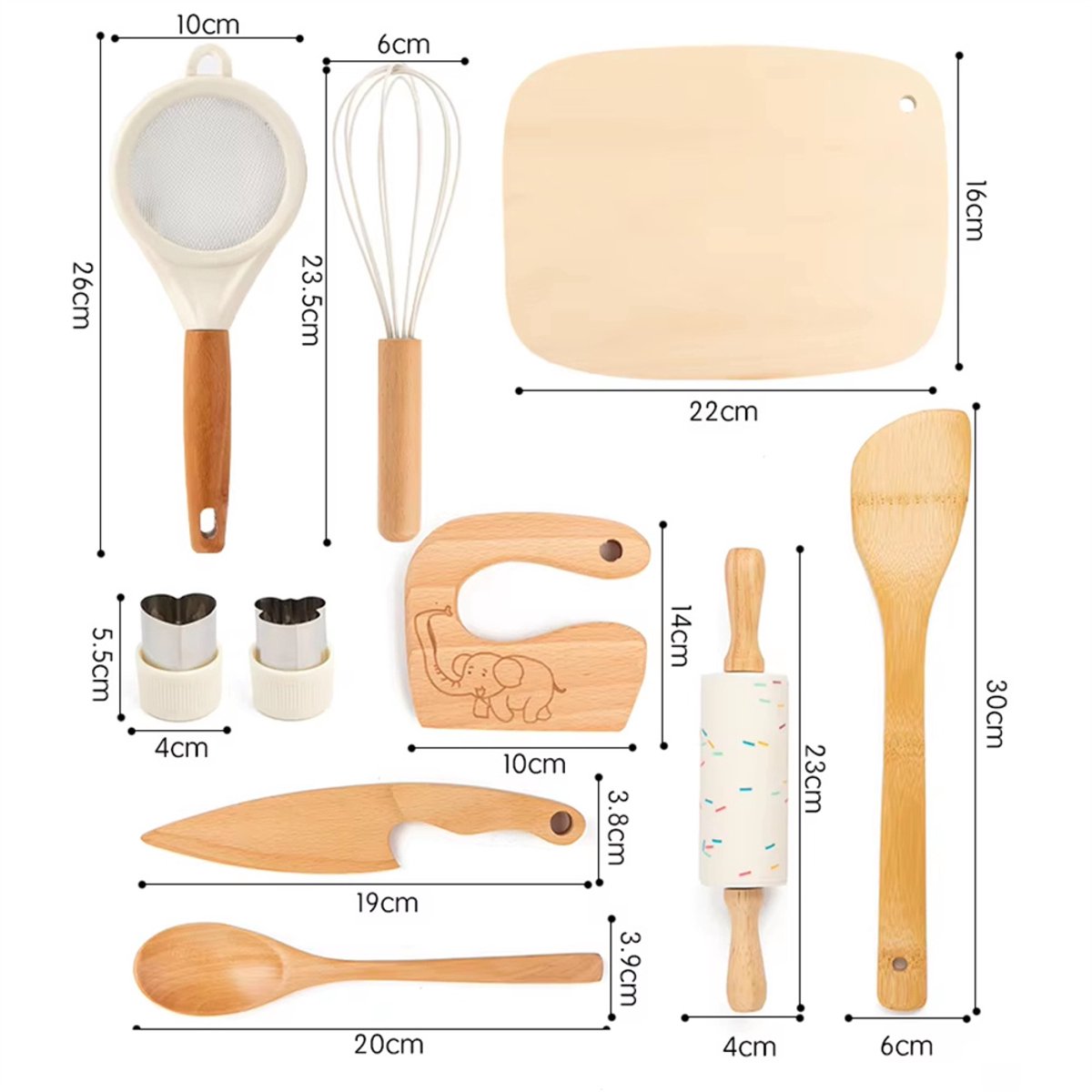 10-delige houten keukengereedschapset voor peuters, houten kinderveilige messen, educatief speelgoed, kinderbakset voor echt koken, Montessori keukengereedschap voor jongens en meisjes, rollenspel voor kleine chef-koks — afbeelding 4
