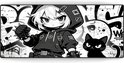 Zwart-witte anime muismat met een meisje in hoodie, met kat en graffiti.