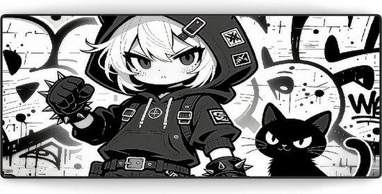 Zwart-witte anime muismat met een meisje in hoodie, met kat en graffiti.