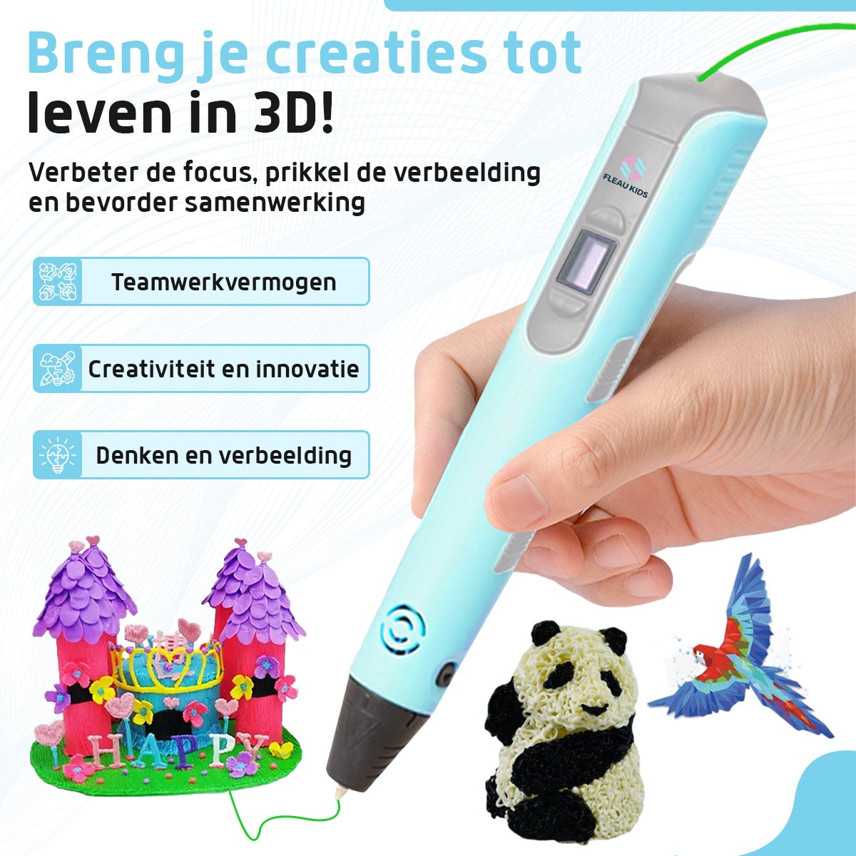 Fleau Kids 3D Pen Starterspakket Blauw XXL - 150m Filament - 30 Kleuren Vullingen - 2025 USB-C model + Vele Extra's - Knutselen en Tekenen - 3D Printen - Tekenset — afbeelding 4