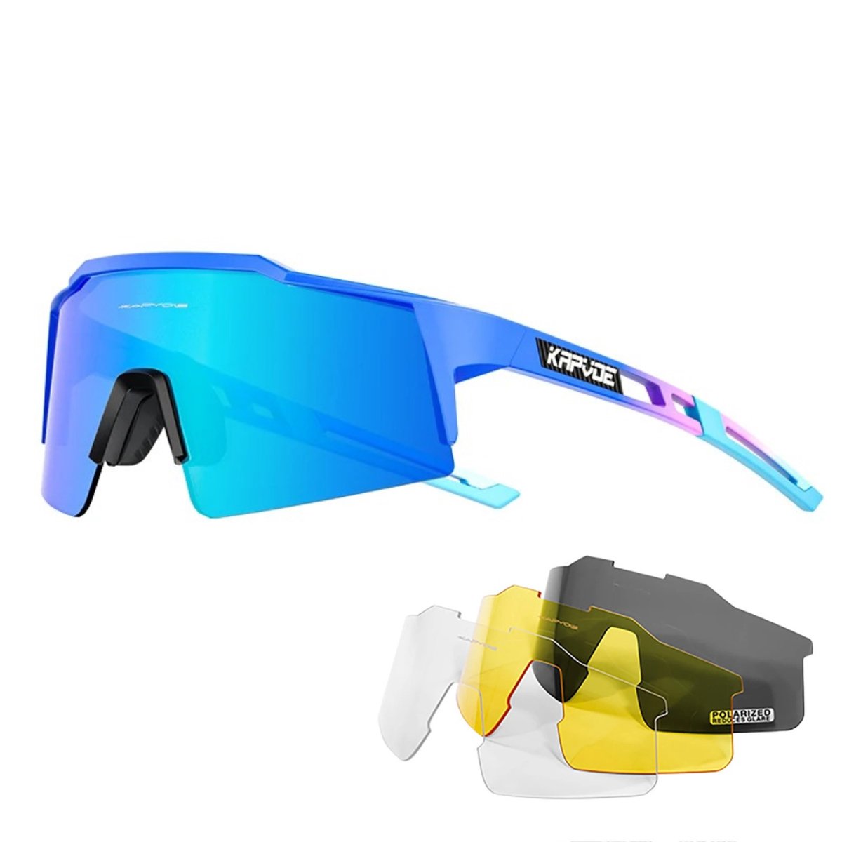 KAPVOE Sport Zonnebril - COMPLETE SET - 4 GLAZEN - Fietsbril - Sportbril - Mountainbike - Ski - Wintersport - Sneeuw - Polariserend - UV 400 - Nachtbril - Hoesje -Brillenkoker - BLAUW - Sinterklaas cadeautjes - Kerst cadeaus