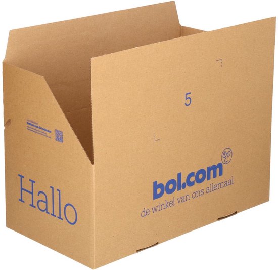 Bruine verzenddoos met 'Hallo' en 'bol.com de winkel van ons allemaal' op de zijkant. Met nummer 5.