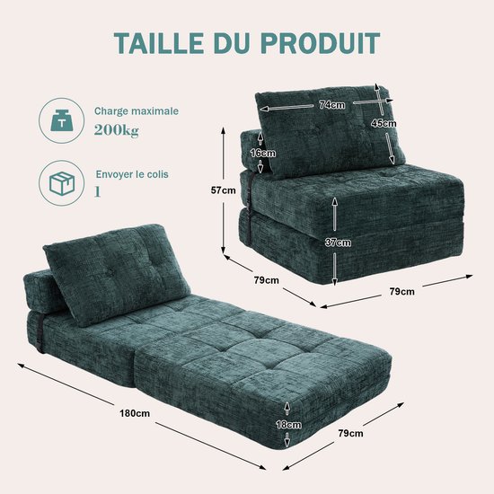 Afmetingen van een smaragdgroene chenillestof futon in gesloten en uitgevouwen positie.
