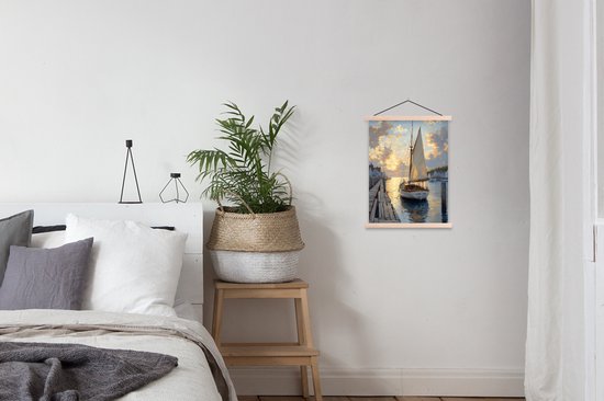 Posterhanger incl. Poster 40x53 cm - Schoolplaat - Zeilboot - Zon - Pier - Hout - Textielposter - Blanke latten