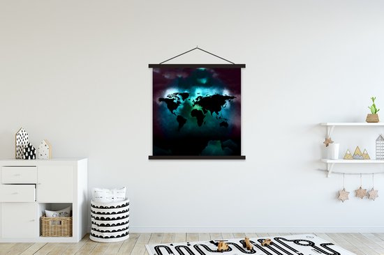 Porte-affiche avec affiche - Affiche scolaire - Wereldkaart - Couleurs - Zwart - 120x120 cm - Lattes noires