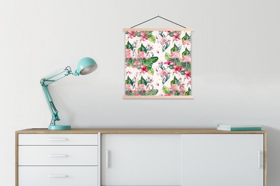 Posterhanger incl. Poster 60x60 cm - Schoolplaat - Flamingo - Bloemen - Bladeren - Krant - Textielposter - Blanke latten