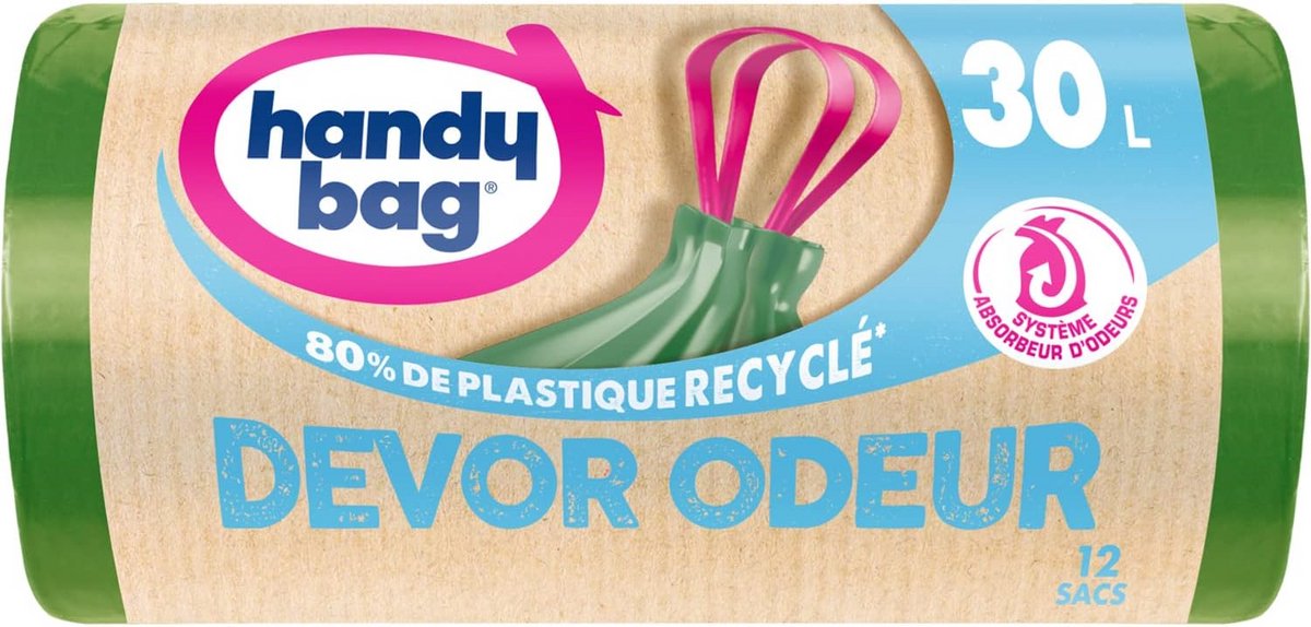Vuilniszak 30L, 80% gerecycled, lekvrij, 3-laags met duwstang