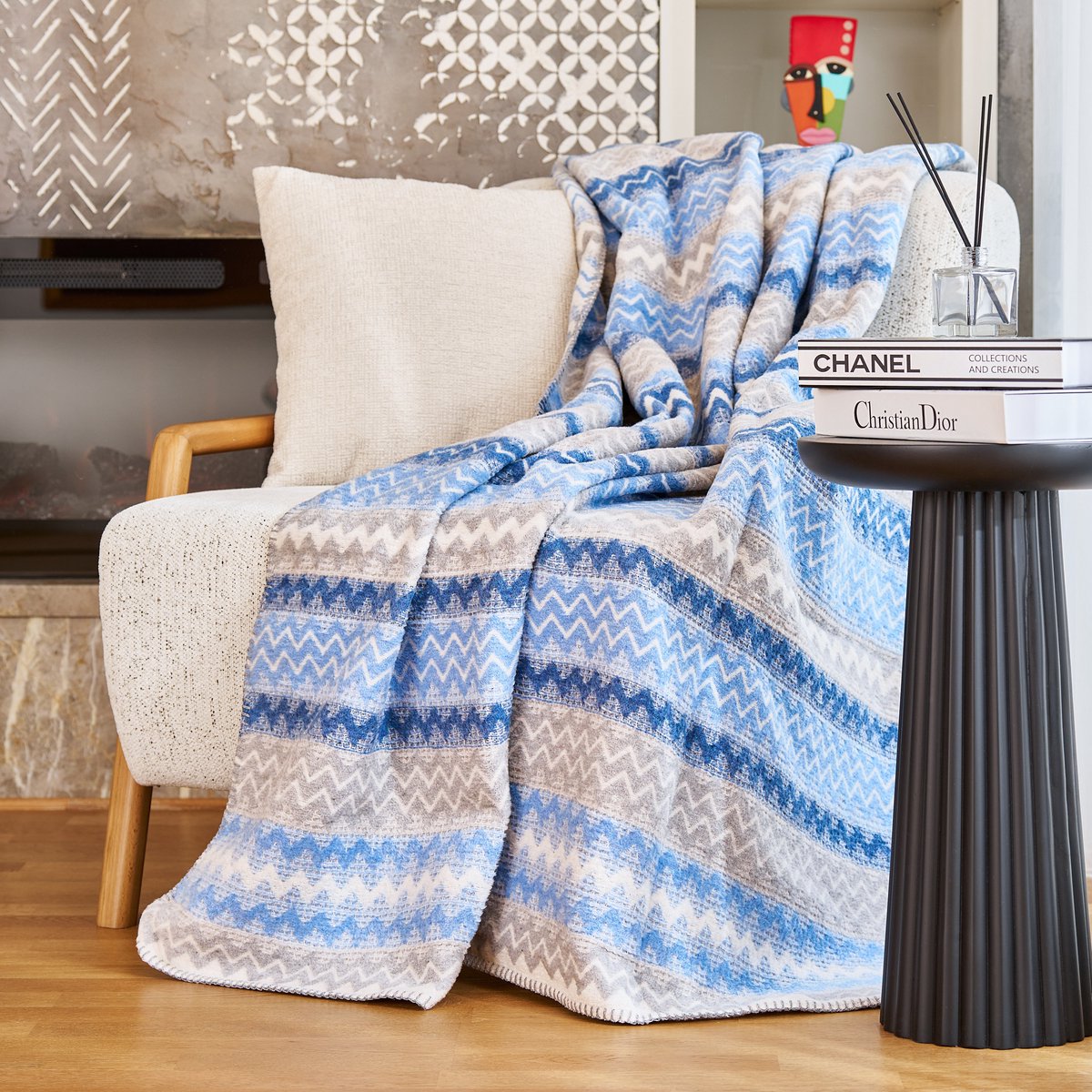 Boraboi® Katoenen Deken- 150x200 cm ,(Blauw,wit,crème kleur) 400 GSM – Ademend & Zacht – Dubbelzijdig – Vier Seizoenen
