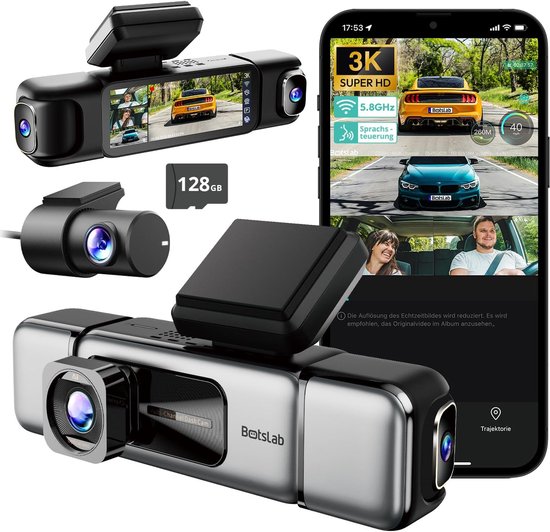BOTSLAB 4-kanaals dashcam voor auto (voor- en achterkant), 4-kanaals 3K + 3 * 1080P, autodashcam met 128GB SD-kaart, GPS, 5GHz WiFi, 3.18" IPS-scherm, super nachtzicht, WDR, G-sensor, loopopname, parkeermonitor