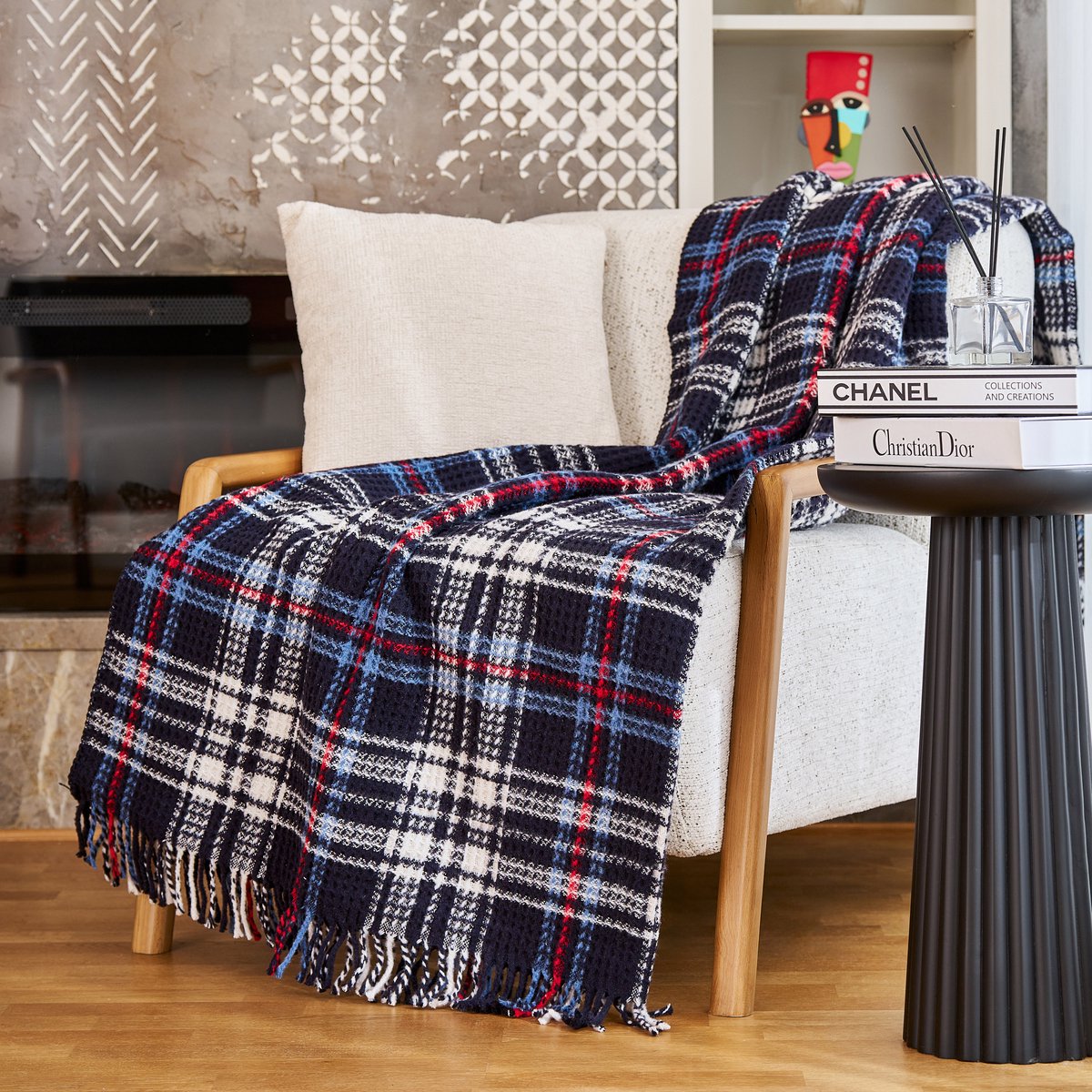 Boraboi® Katoenen Deken- 180x220 cm ,(Donkerblauwe,wit,rood) 400 GSM – Ademend & Zacht – Dubbelzijdig – Vier Seizoenen