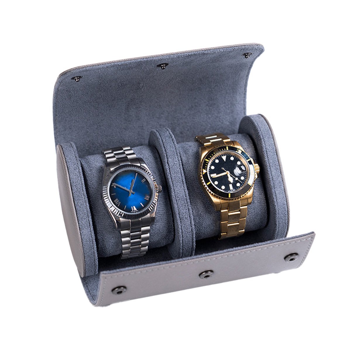 Horloge-organizer met 2 sleuven - Oprolbare opbergdoos voor horloges - Reishorlogebox van leer - Met uitneembare horlogepad - Horlogedisplaybox - Compact en draagbaar - Perfect voor horlogeliefhebbers - Grijs