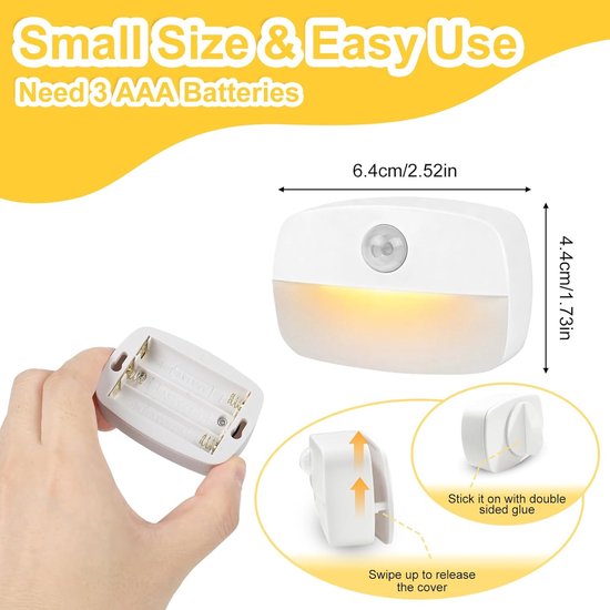 LED-nachtlampje met bewegingssensor - [Set van 4] Zelfklevend nachtlampje - Werkt op batterijen - Trapsensorlampje - Geschikt voor binnen - Ideaal voor badkamers, gangen, kledingkasten, keukens en kinderkamers, warm wit licht — afbeelding 2