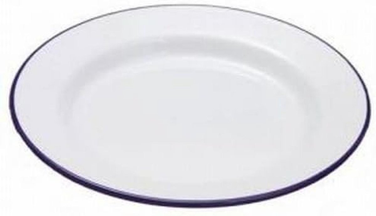 Set van 2 Ronde Witte en Blauwe Emaille Borden (20 cm)
