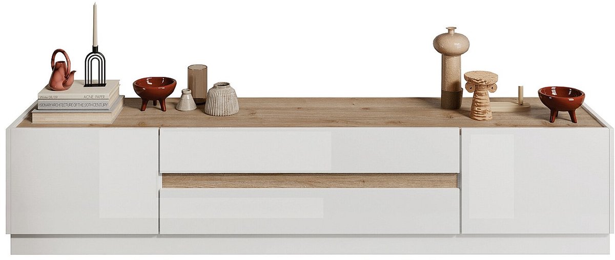 Vente-unique Tv-meubel met 2 deuren en 2 lades - Naturel en wit gelakt - EMORA