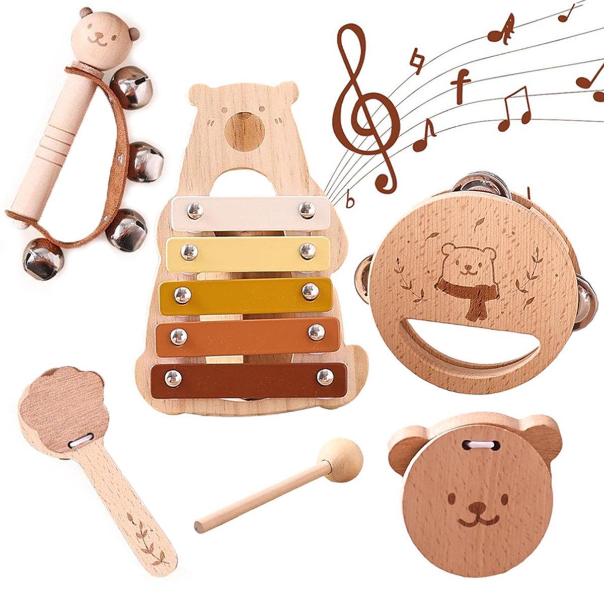 Baby-muziekinstrumenten - drums, xylofoon, tamboerijn, houten instrumenten voor kinderen - het eerste muziekspeelgoed van uw kind