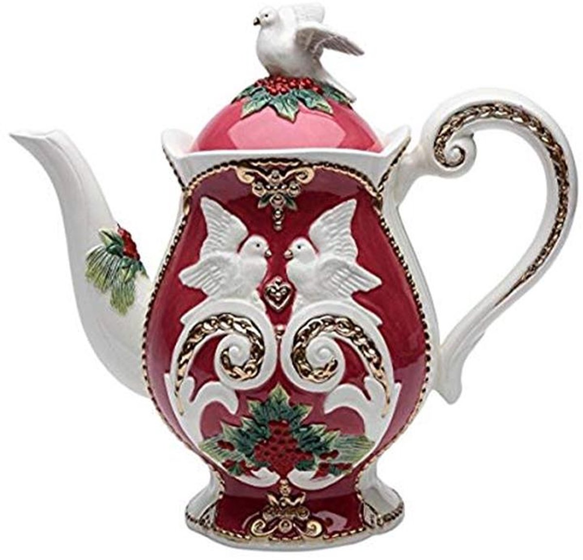 Porseleinen theepot 9,5 inch met vakantie kleur duiven en bloemen