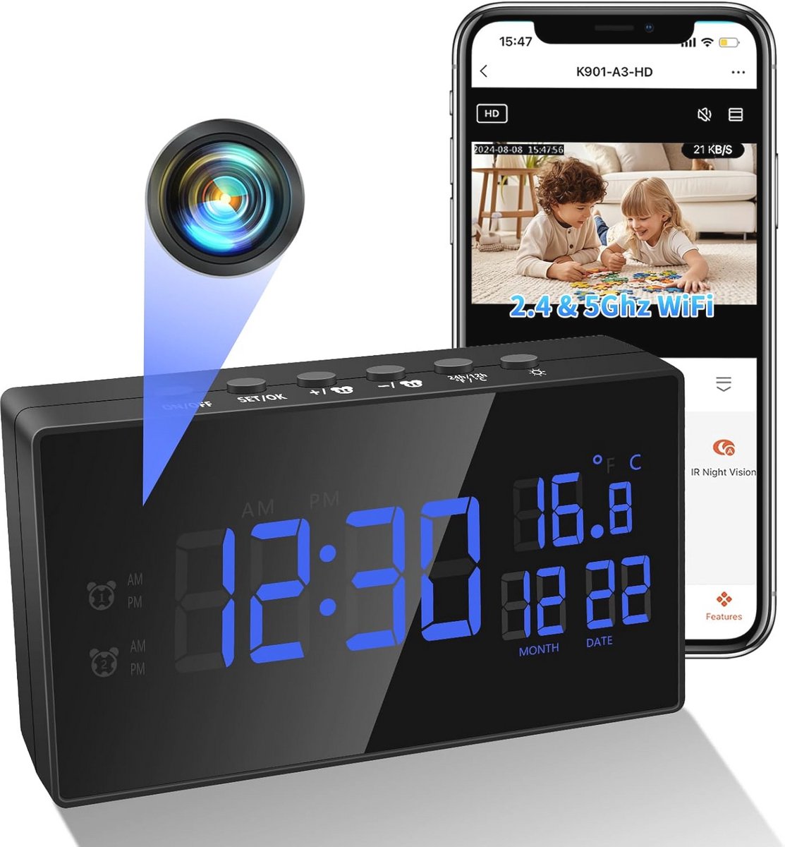 Verborgen Wifi Spionagecamera met HD 1080P en Nachtzicht - 2-in-1 Wekker