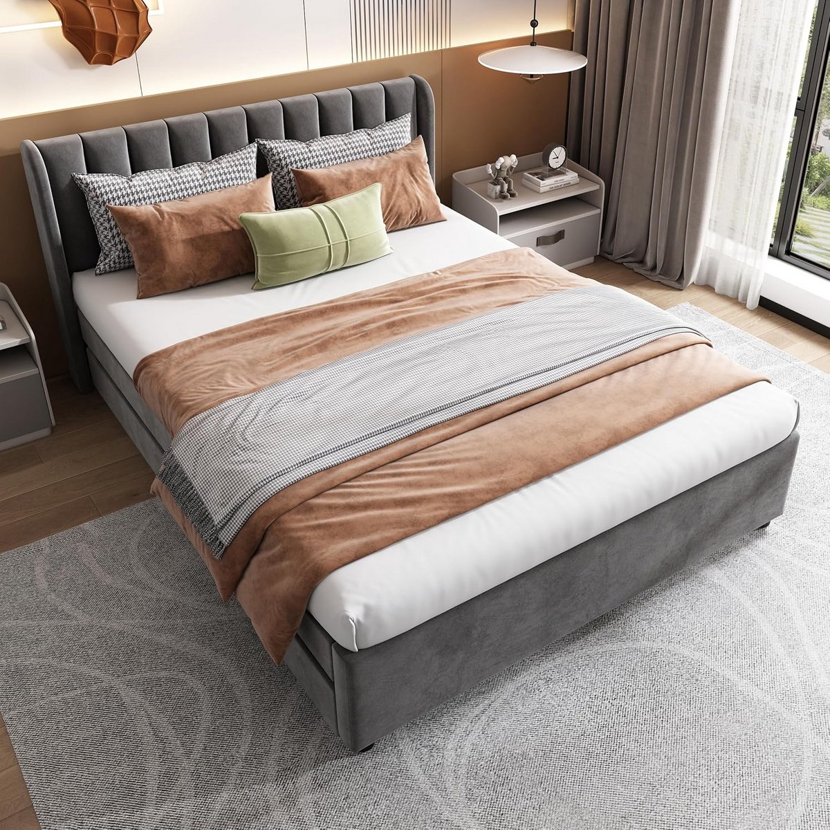 Gestoffeerd Tweepersoonsbed 140x200 met Opbergruimte en Rugleuning - Grijs Fluweel