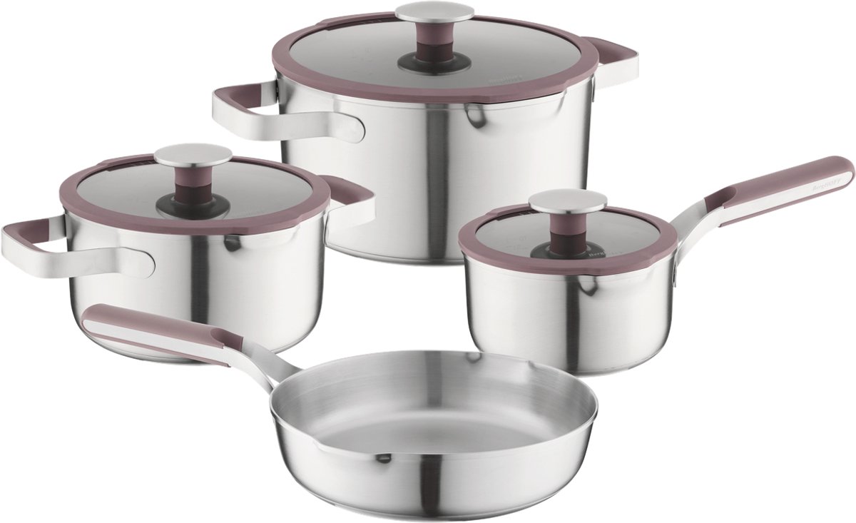 BergHOFF Home Elements Pannenset Antiaanbak – 7-delig RVS Kookpannenset met Deksels – PFAS-vrij – Sauspan Ø16cm – Kookpot Ø20cm – Koekenpan Ø24cm – Geschikt voor Inductie, Gas, Elektrisch en Keramisch – Ovenbestendig tot 250°C – Zilver