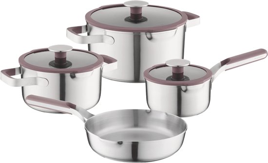 BergHOFF Home Elements Pannenset Antiaanbak – 7-delig RVS Kookpannenset met Deksels – PFAS-vrij – Sauspan Ø16cm – Kookpot Ø20cm – Koekenpan Ø24cm – Geschikt voor Inductie, Gas, Elektrisch en Keramisch – Ovenbestendig tot 250°C – Zilver