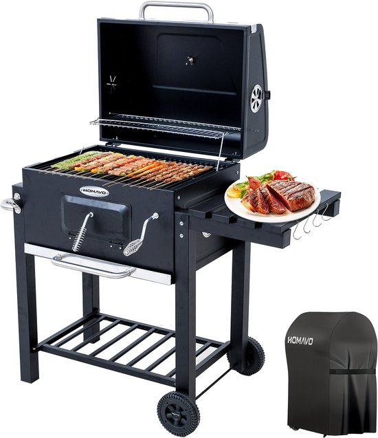 Barbecue à charbon BELONID, avec couvercle, surface de cuisson : 56 x 42,5 cm, bac à charbon réglable en hauteur, table d’appoint pliable, avec housses de barbecue imperméables