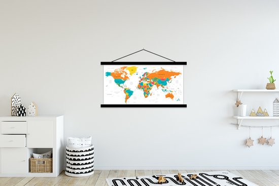 Carte du monde détaillée pour affiche textielposter enfant lamelles noires 150x75 cm - Tirage photo sur plaque scolaire (décoration murale salon / chambre)