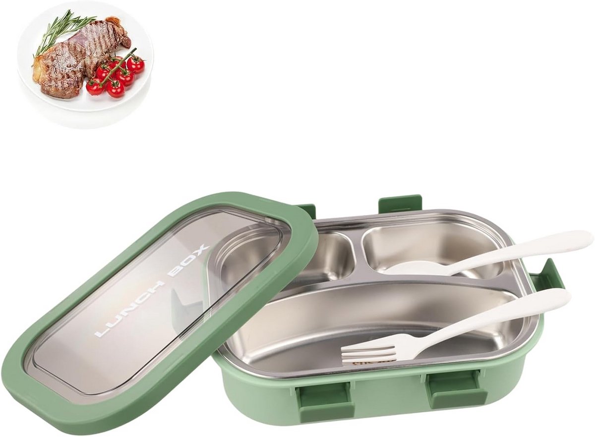 Lekvrije Gesegmenteerde Lunchbox RVS met 3 Vakken voor School en Kantoor