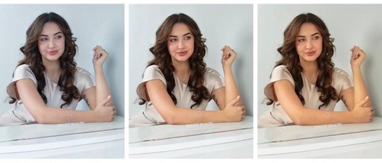 Drie panelen tonen een vrouw met bruin haar en een beige topje.