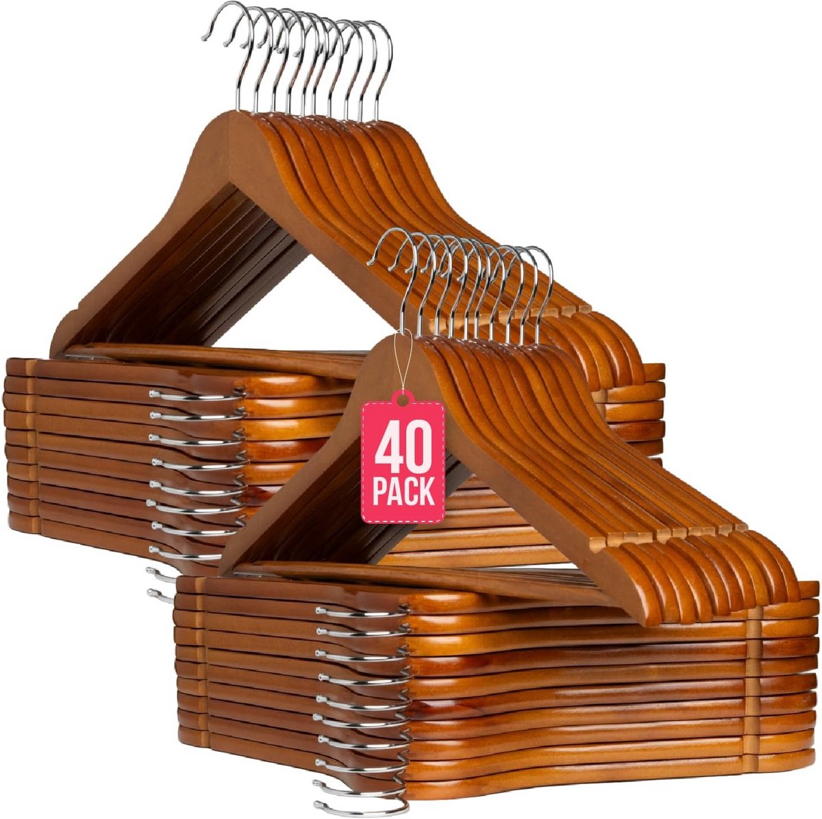 Set van 40 Houten Kledinghangers Walnoot met Broekstang en Antislip