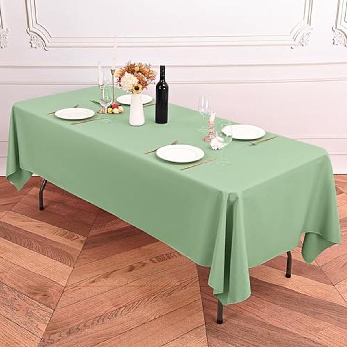 Sage Green Polyester Tablecloth 153x260cm for Weddings and Parties