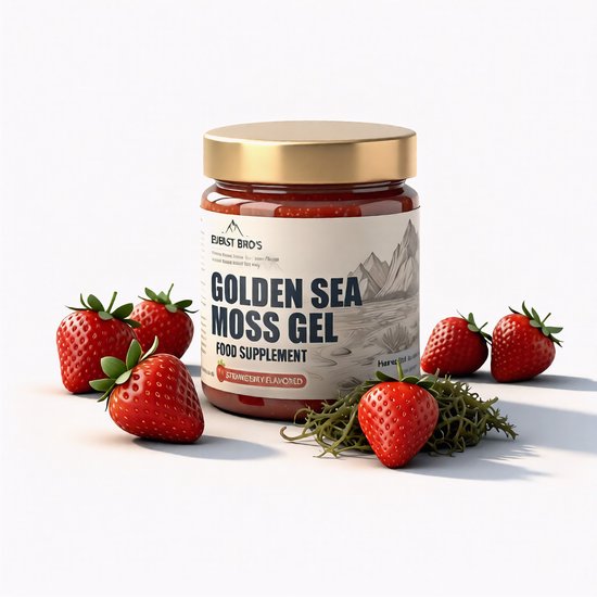 Pot Golden Sea Moss Gel Aardbei met hele aardbeien en zeewier.