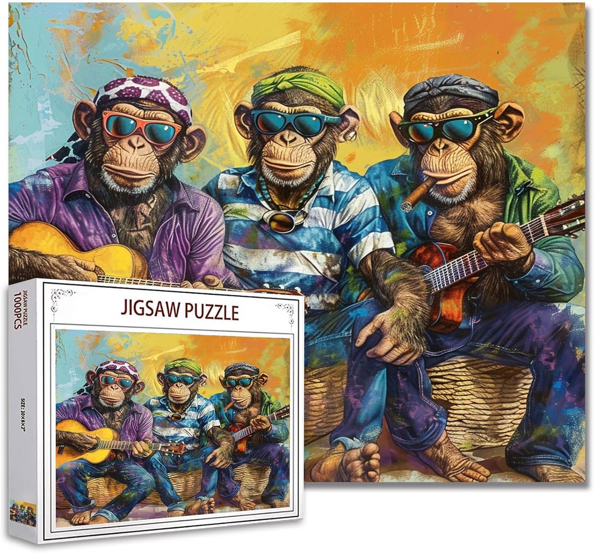 1000 Stuks Legpuzzel Gitaar Aap Schilderij - Uitdagend Knutselproject voor Volwassenen en Familie