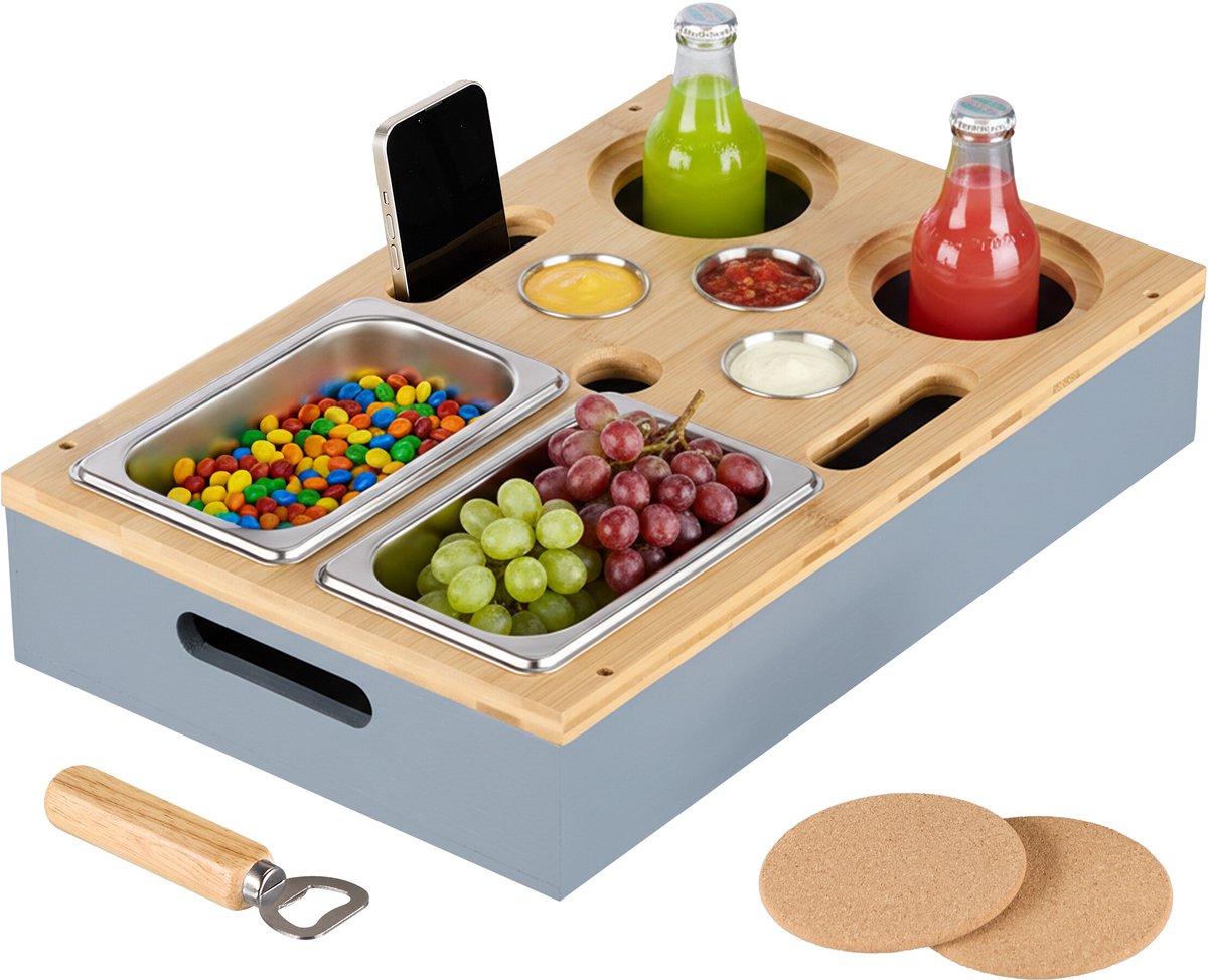 couchbar - met dip- en snackschaaltjes - glazenhouder - bamboe - grijs