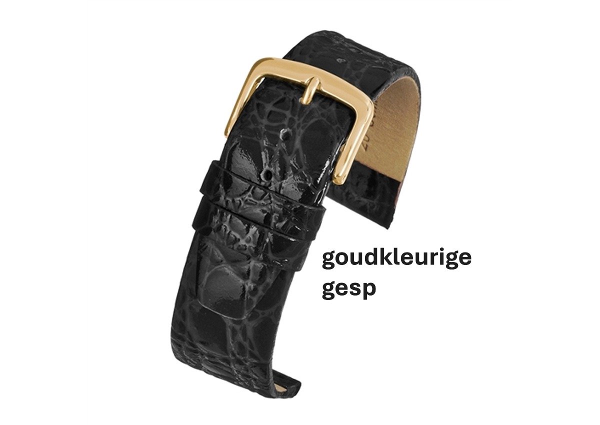 horlogeband-horlogebandje-20mm-echt leer-croco-zwart-zacht-plat-goudkleurige gesp-leer-20 mm