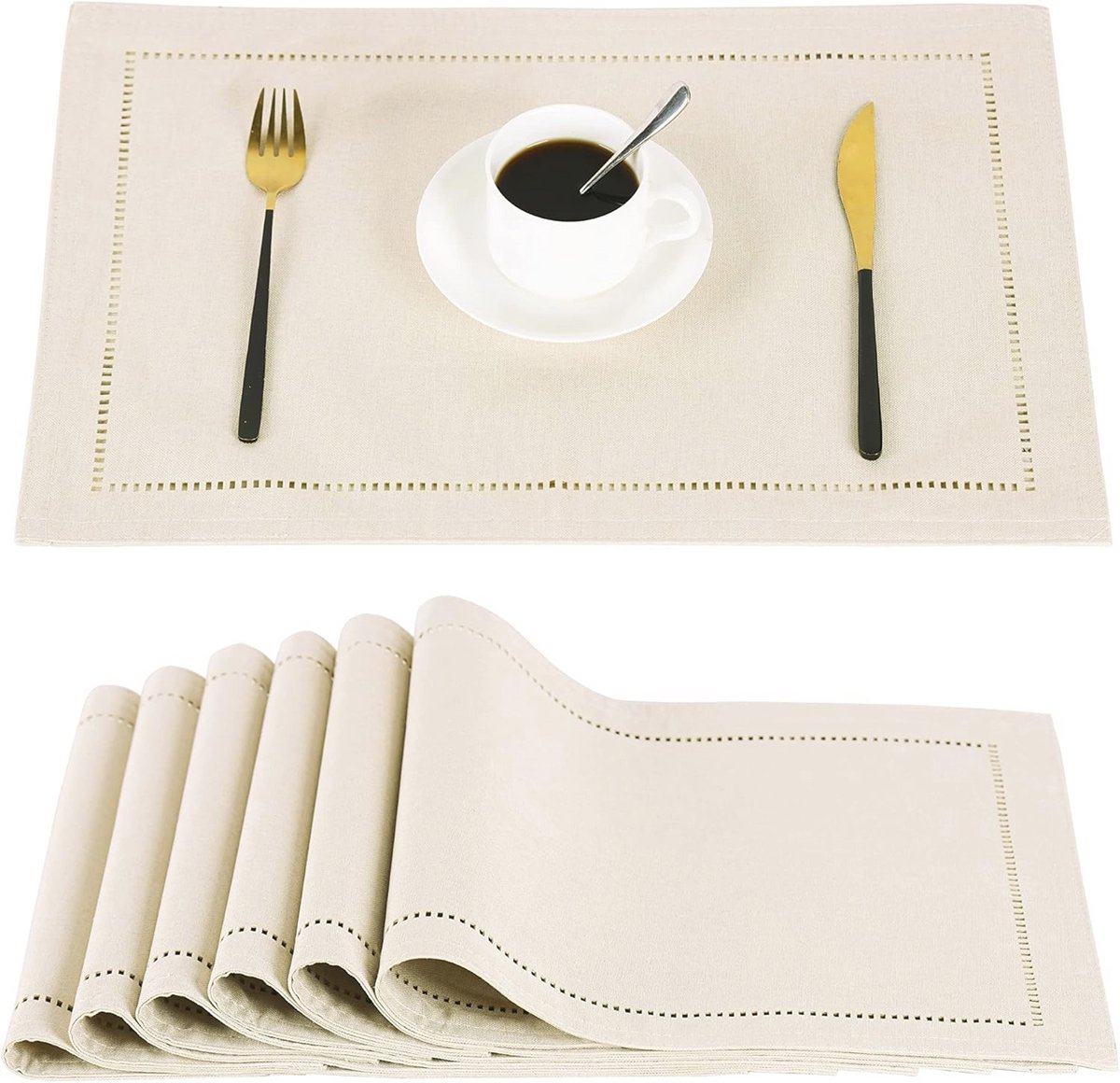 Set van 6 Placemats - Wasbare Antislip Tafelmatten van Imitatielinnen 48 x 33cm