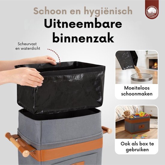 Grijze mand met bruine accenten en verwijderbare zwarte binnenzak. "Schoon en hygiënisch uitneembare binnenzak".