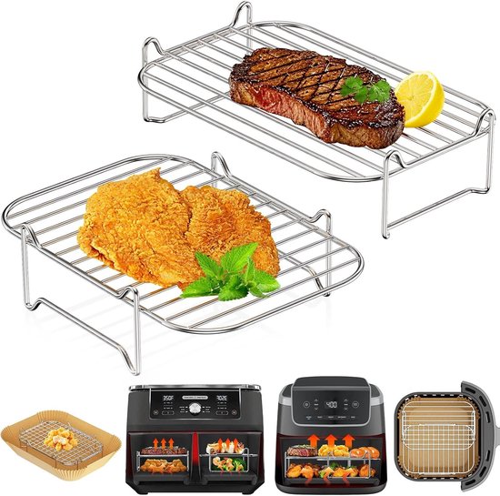 heteluchtfriteuse accessoires, stapelbaar grillrooster voor Dual Zone Airfryer 7,6L- 10L, 2-delige set roestvrij stalen grill-inzetstukken, compatibel met Ninja, Cosori, Russell Hobbs