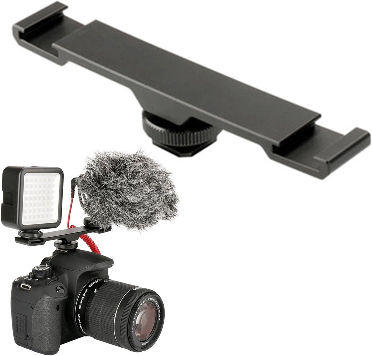 VVGoods - Flitsschoenadapter met dubbele camera en houder voor LED licht statief - zwart.