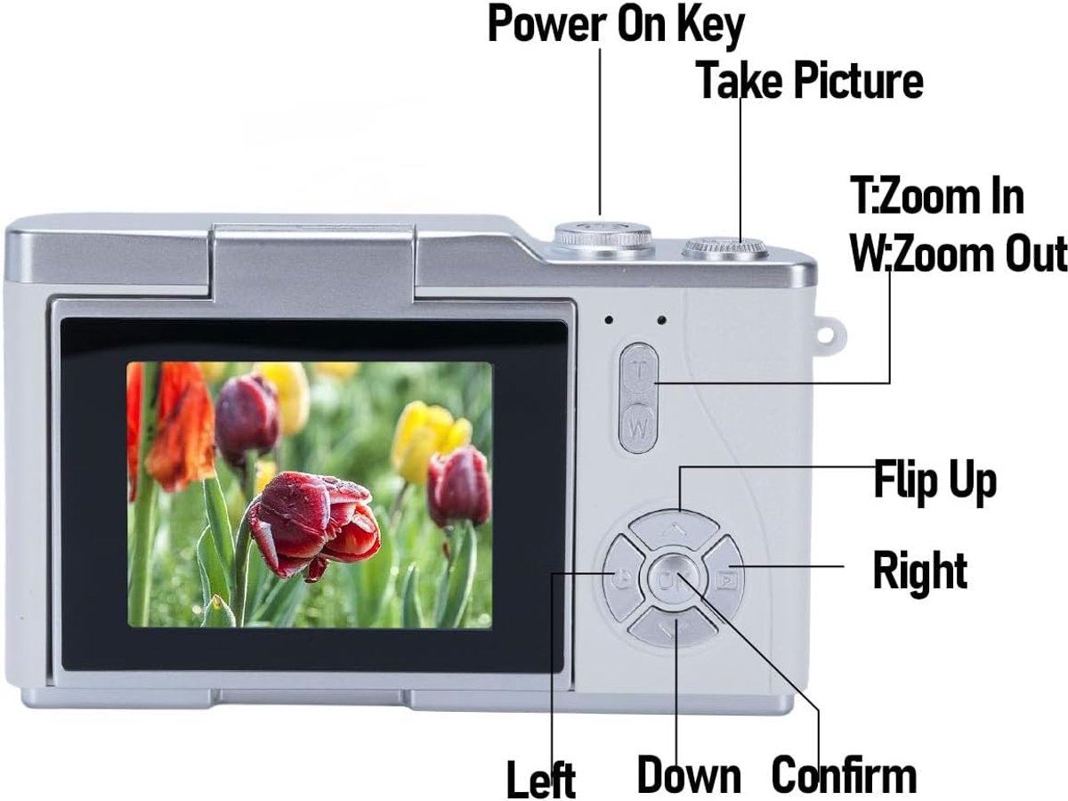 Digitale camera - 4K Digitale Camera 48MP met Flip Screen – Selfiecamera met 8x Zoom + 32GB Geheugenkaart - met 2,4 inch HD-kantelscherm, ingebouwd LED-invullicht - Vlogcamera - digitale camera kinderen - voor tieners en studenten (Wit) thumbnail 2