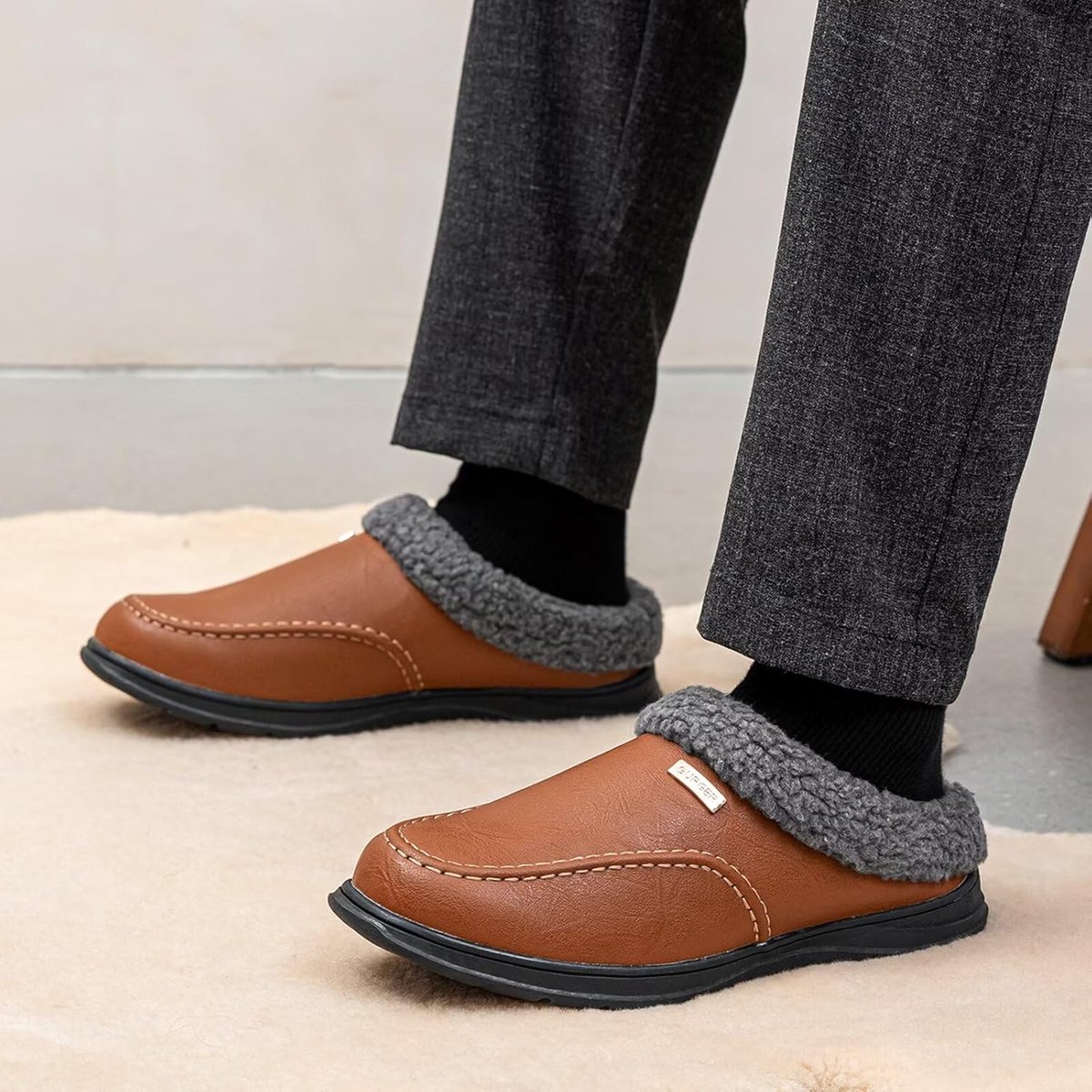 Warme Heren Pantoffels Leer Winter Antislip Huissloffen