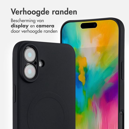 Zwarte backcover met verhoogde randen voor display en camera. Telefoon met kleurrijk behang.
