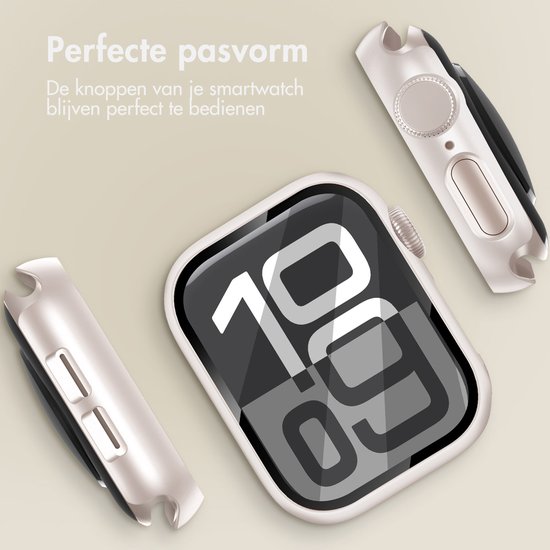 Een beige smartwatch case, die de knoppen perfect bedienbaar houdt. Twee helften van de case liggen naast de smartwatch.