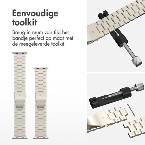 Twee zilverkleurige metalen bandjes en een tool om de maat aan te passen.