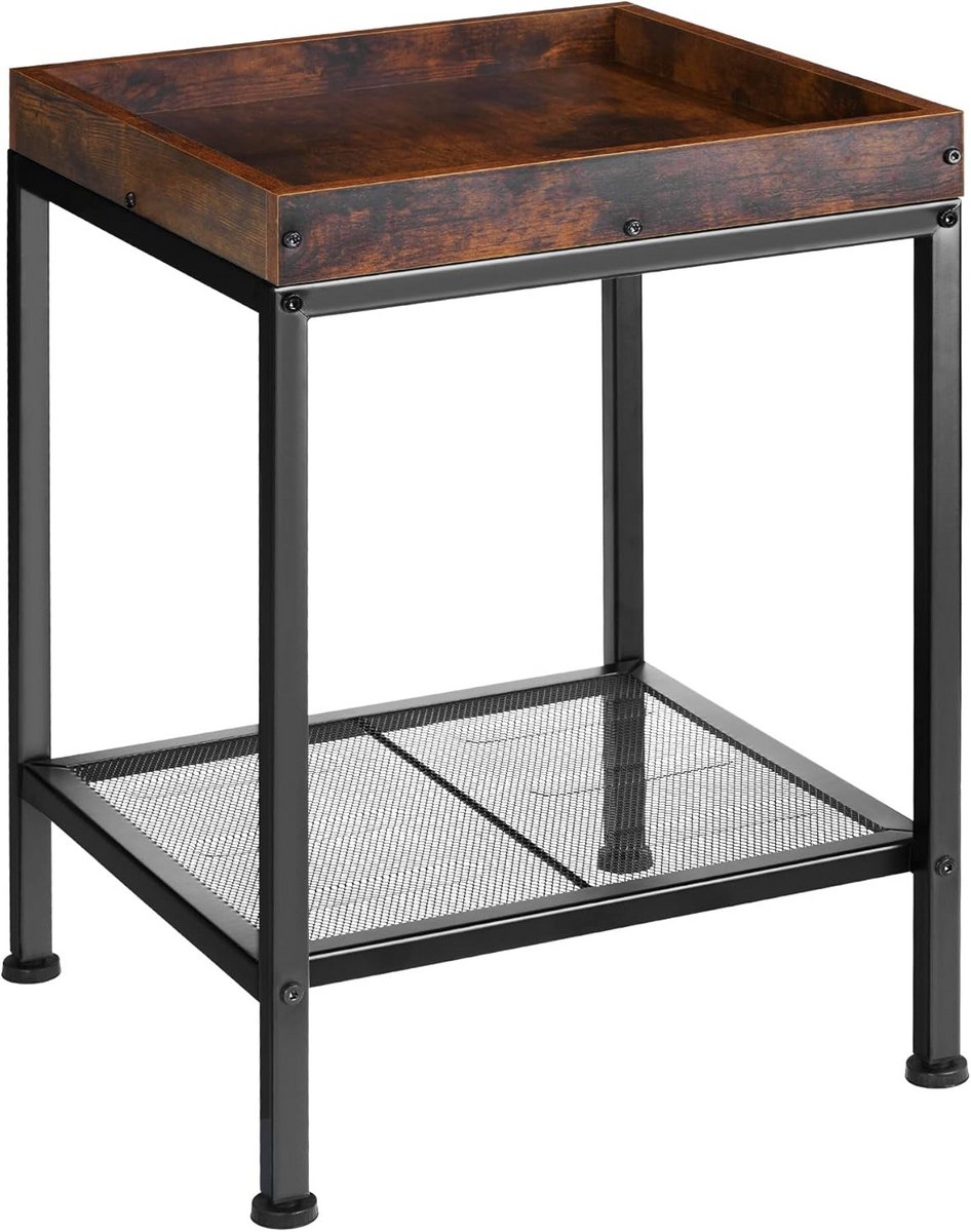Industriële bijzettafel met dienblad-rand en roosterplank - Zwart metalen frame