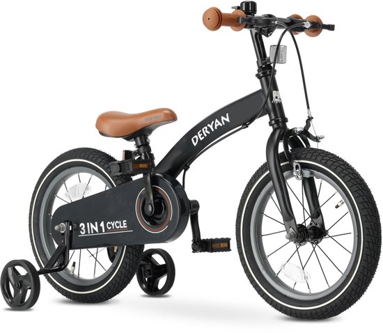 Deryan Luxe kinderfiets 14 inch – 3-in-1 – loopfiets – zwart