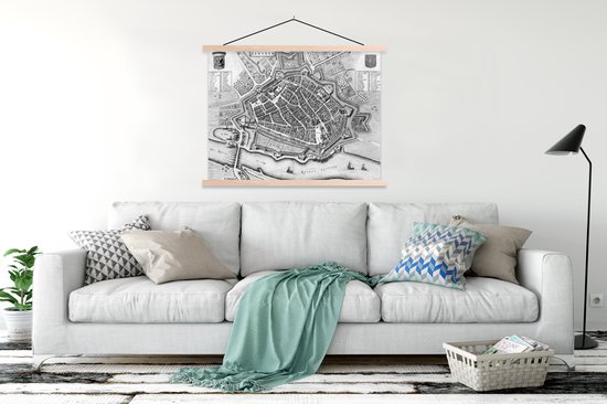 Porte-affiche avec affiche 120x90 cm - Affiche scolaire - Plan historique de la ville d'Arnhem en Gueldre - noir et blanc - Affiche textile - Lattes vierges