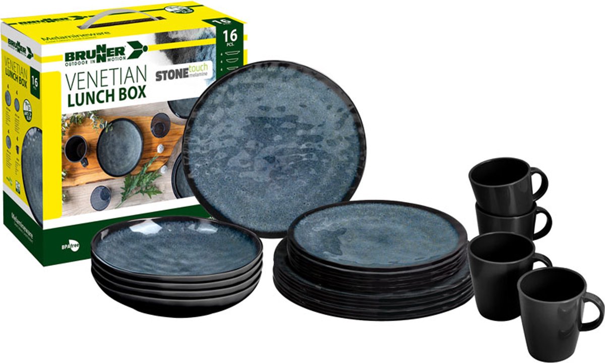 Brunner - Camping Serviesset - Venetian - Lunch Box - 16 delig - Melamine - Vaatwasserbestendig - BPA-vrij