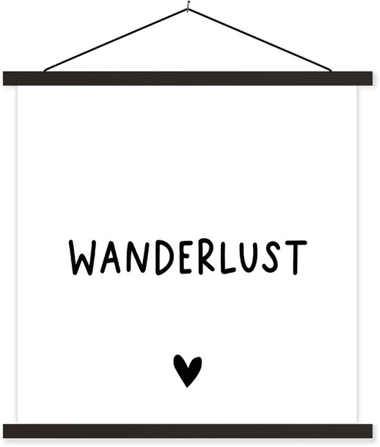 Support pour affiche avec affiche 90 x 90 cm - Affiche scolaire - Citation anglaise « Wanderlust » avec un cœur sur fond blanc - Affiche textile - Lattes noires